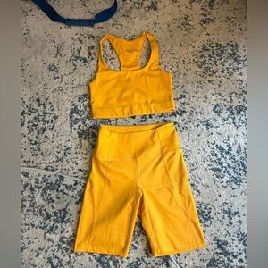 Girlfriend collective bike shorts and bra set, yellow, size small